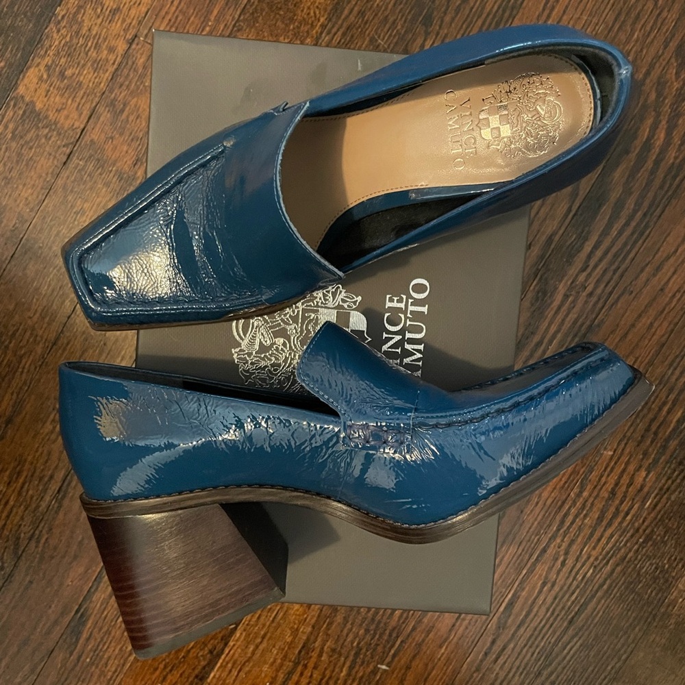 Vince Camuto Segellis blue patent block heeled loafer
